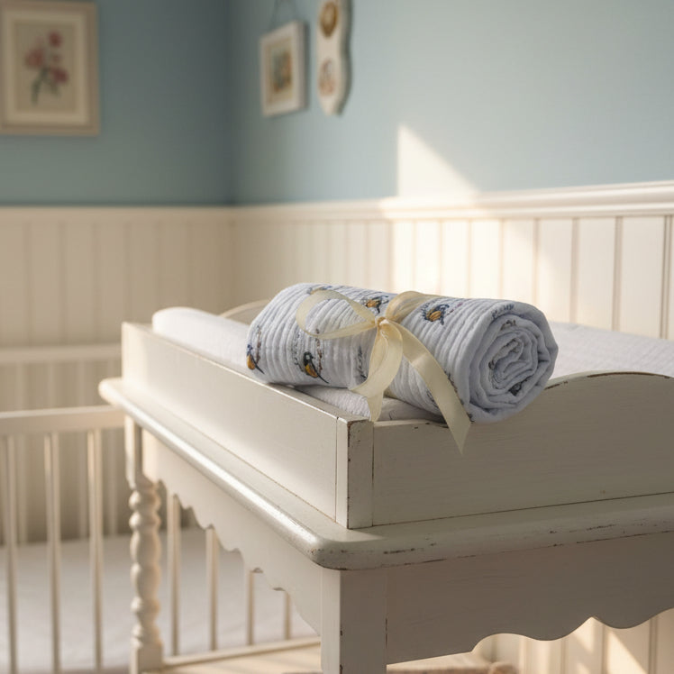 Set of blue baby socks with bird design tied with a ribbon on wooden surface