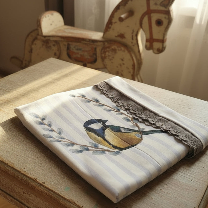 Striped fabric with a bird design on a bed